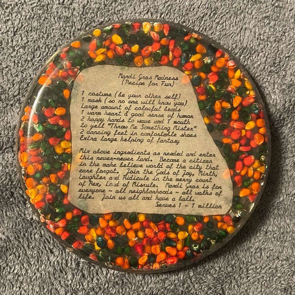 Vintage Handmade “Mardi Gras Madness (Recipe for Fun)” Footed Lucite Trivet.